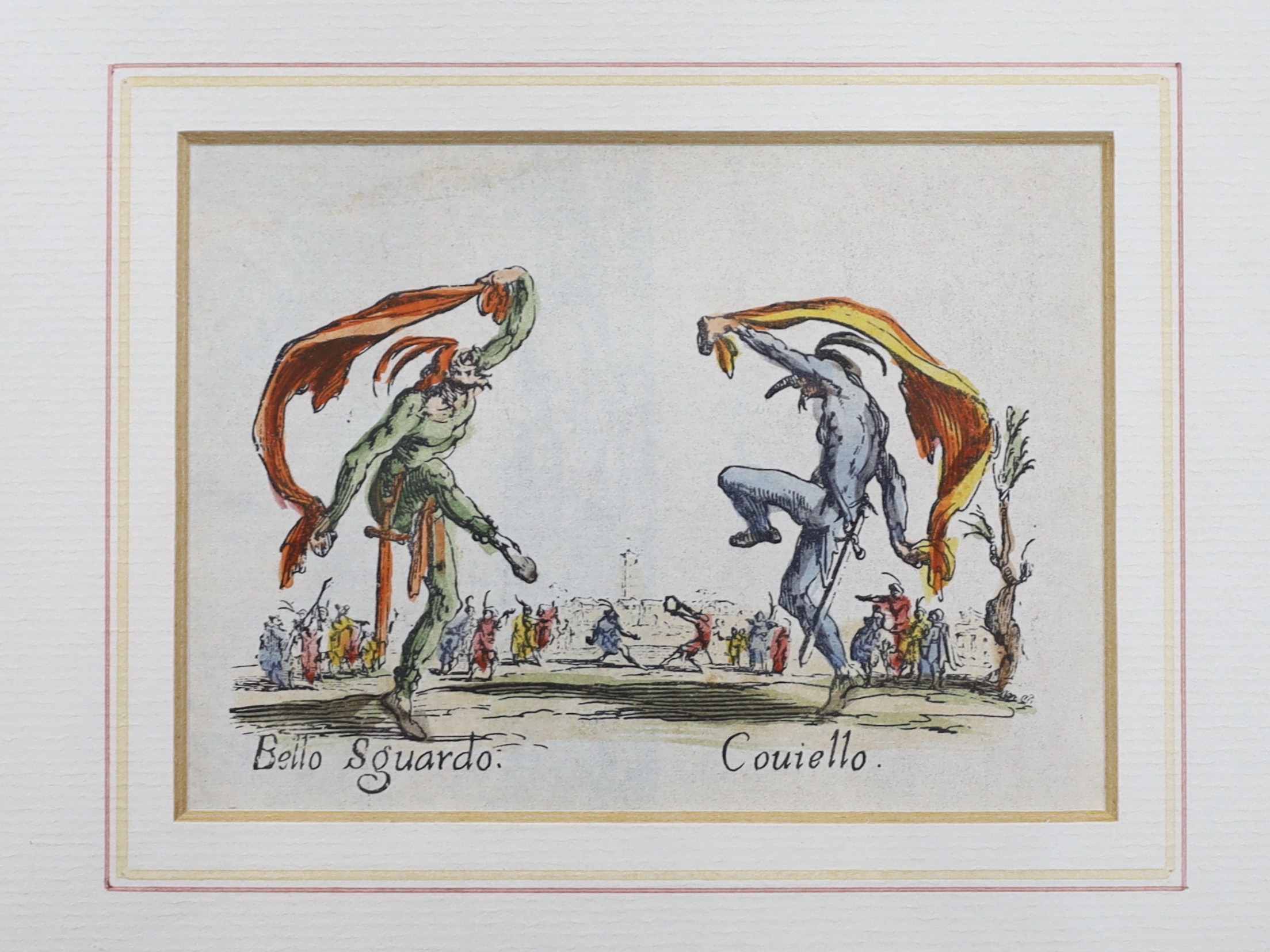 After Jaques Callot (French, 1592-1635), set of six colour prints from the series ‘Balli Di Sfessania’, 8 x 10cm